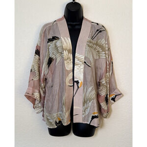 One Hundred Stars Kimono Jacket Black Beige Cranes Bird Art One Size Shortt
